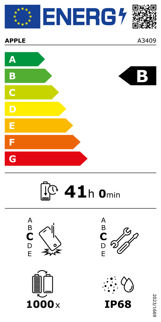 EU-energielabel, QR-code en informatie, Apple model A3409, klasse B, energie-efficiëntieklassen (met schaal van A tot G), A (meest efficiënt) tot G (minst efficiënt), batterijduur per cyclus, 41 uur en 0 minuten per keer volledig opladen, betrouwbaarheidsklasse C bij herhaaldelijke vrije val, A (meest robuust) tot E (minst robuust), repareerbaarheidsklasse C, A A (gemakkelijkst repareerbaar) tot E (moeilijkst repareerbaar), levensduur batterij 1000 cycli, classificatie IP68 voor bescherming tegen binnendringen van stof en water (IP), verordening 2023/1669.
