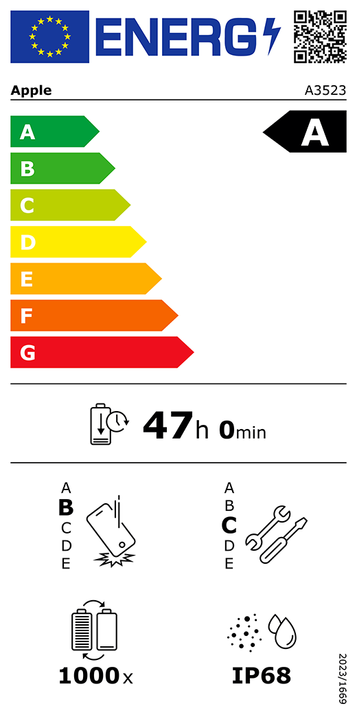 EU-energielabel, QR-code en informatie, Apple model A3523, klasse A, energie-efficiëntieklassen (met schaal van A tot G), A (meest efficiënt) tot G (minst efficiënt), batterijduur per cyclus, 47 uur en 0 minuten per keer volledig opladen, betrouwbaarheidsklasse B bij herhaaldelijke vrije val, A (meest robuust) tot E (minst robuust), repareerbaarheidsklasse C, A (gemakkelijkst repareerbaar) tot E (moeilijkst repareerbaar), levensduur batterij 1000 cycli, classificatie IP68 voor bescherming tegen binnendringen van stof en water (IP), verordening 2023/1669.