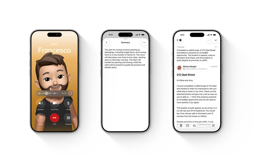 三部 iPhone 裝置展示 Apple Intelligence 功能：口訊摘要、在備忘錄或通話中錄音和撮要內容，以及電郵摘要