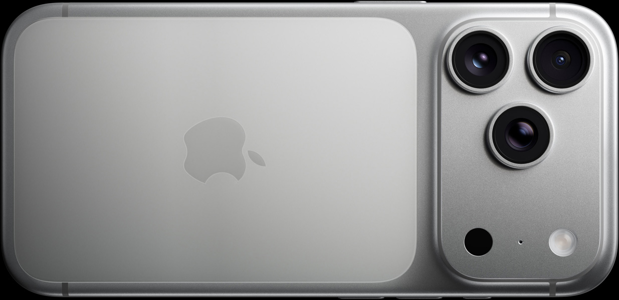 iPhone 17 Pro, argent, face arrière, système caméra Pro, 3 objectifs, microphone, flash