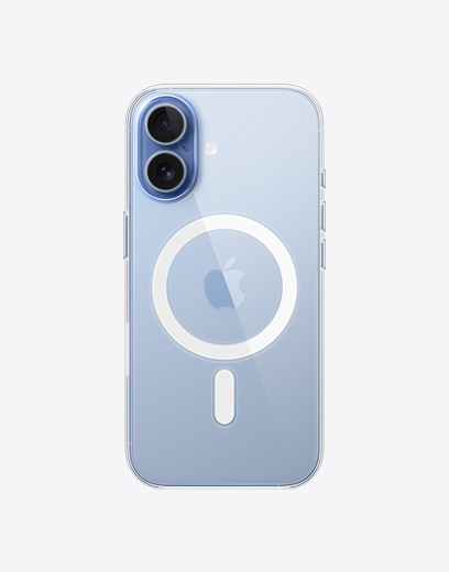iPhone 17, face arrière, étui transparent avec MagSafe, système caméra Fusion dans le coin supérieur gauche