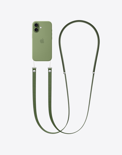 iPhone 17, face arrière, étui vert, bandoulière verte fixée