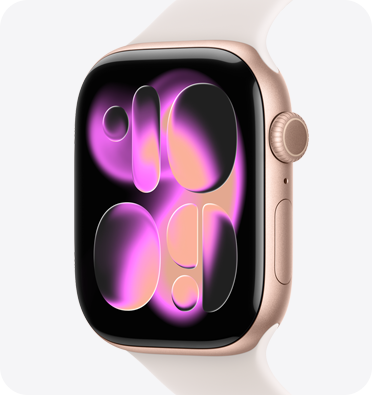 ローズゴールドアルミニウムケースのApple Watch Series 11。レスポンシブアートの文字盤。右側面の外観にDigital Crown、マイク、サイドボタンが見えている。ライトブラッシュのスポーツバンドとの組み合わせ