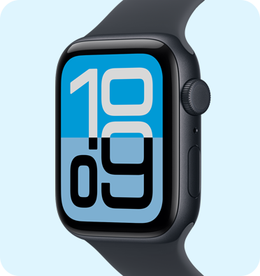 ミッドナイトアルミニウムケースのApple Watch SE 3。フラックスの文字盤が表示されている。右側面の外観にDigital Crown、マイク、サイドボタンが見えている。ミッドナイトのスポーツバンドとの組み合わせ